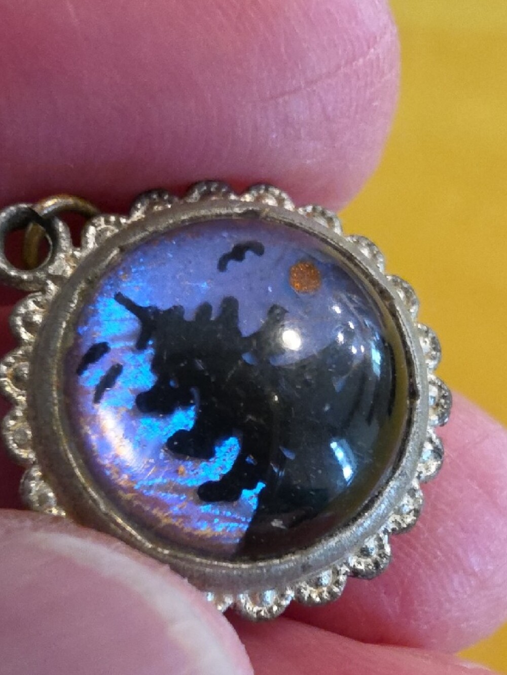 Art Deco Vintage Morpho Butterfly Wing Pendant w/ Painted Reverse - Unmarked